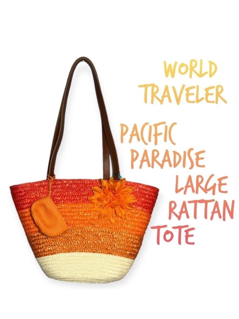 World Traveler Pacific Paradise orange rattan tote bag with change purse - Picture 11 of 11
